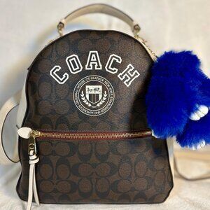 Coach Rare Jordyn Backpack in Signature Canvas with Varsity Motif, Fluffy Charm